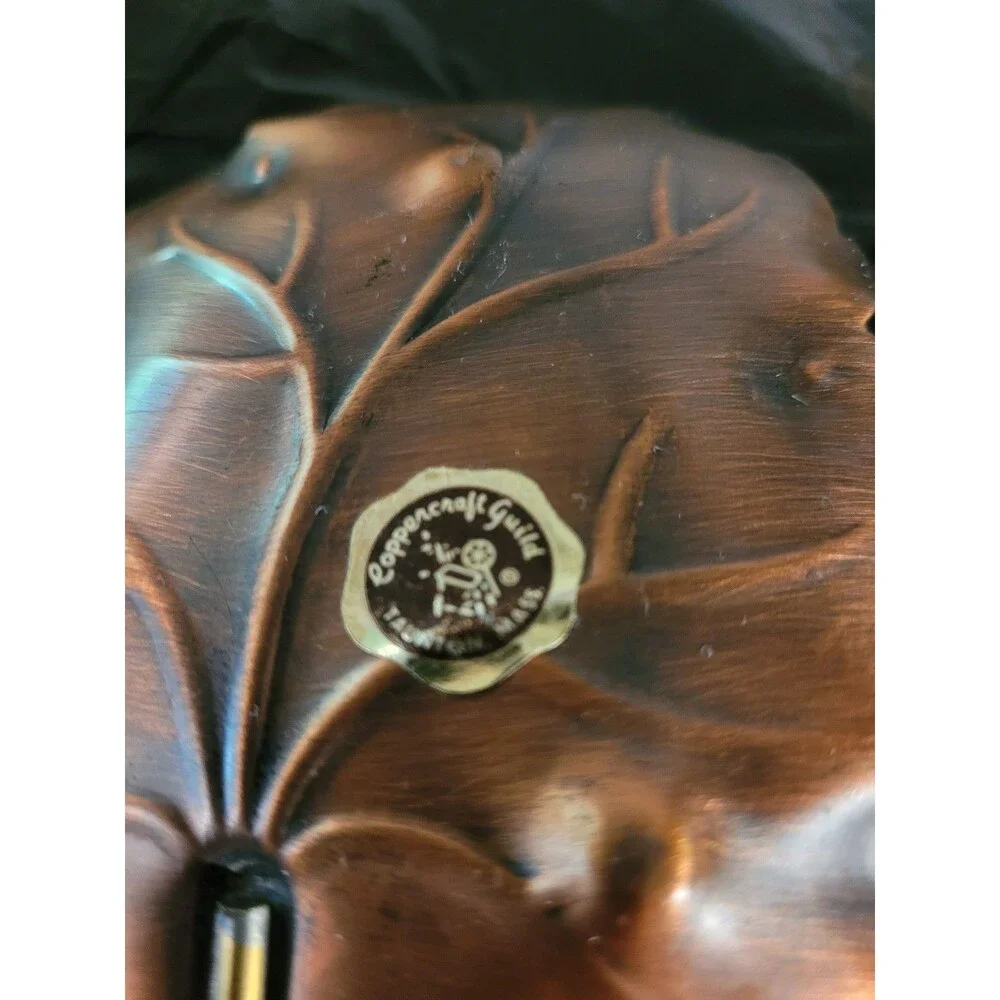 Vintage Copper Leaf Dish Tray Change Keys Brass Handle Patina